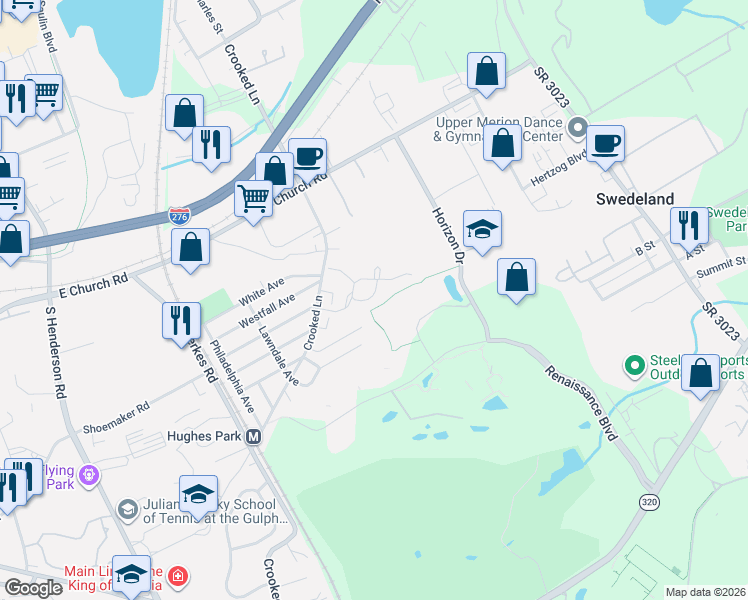 map of restaurants, bars, coffee shops, grocery stores, and more near 515 Bending Lane in King of Prussia