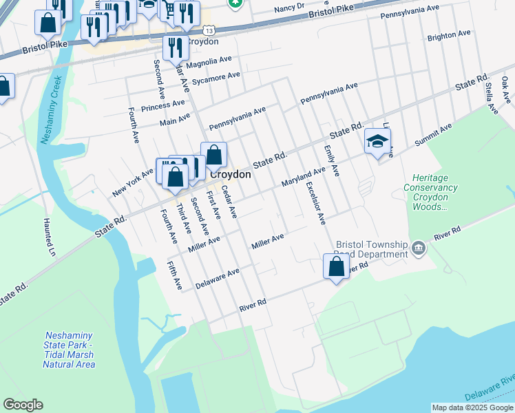 map of restaurants, bars, coffee shops, grocery stores, and more near 912 Ray Avenue in Croydon