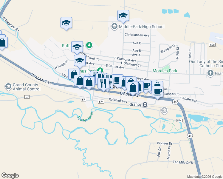 map of restaurants, bars, coffee shops, grocery stores, and more near 129 1st Street in Granby