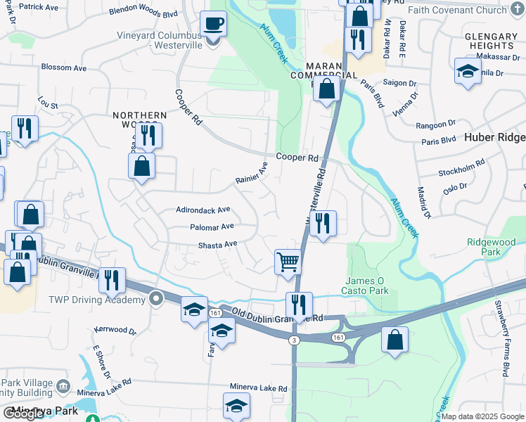 map of restaurants, bars, coffee shops, grocery stores, and more near 3284 Covert Court in Columbus