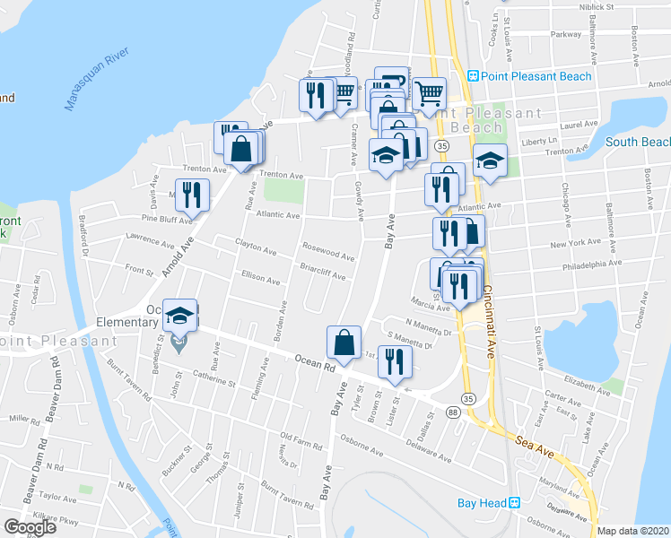 map of restaurants, bars, coffee shops, grocery stores, and more near 803 Briarcliff Avenue in Point Pleasant Beach
