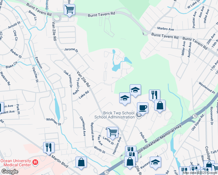 map of restaurants, bars, coffee shops, grocery stores, and more near 32 Northrup Drive in Brick