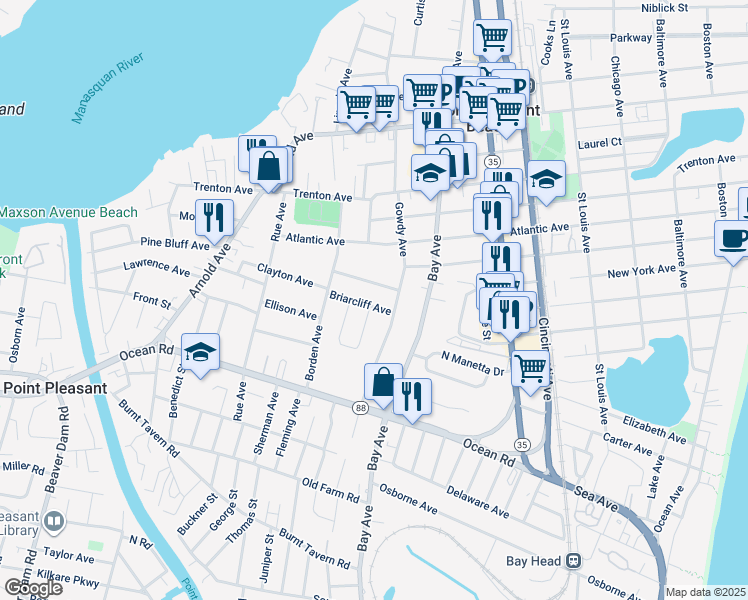 map of restaurants, bars, coffee shops, grocery stores, and more near 803 Briarcliff Avenue in Point Pleasant Beach