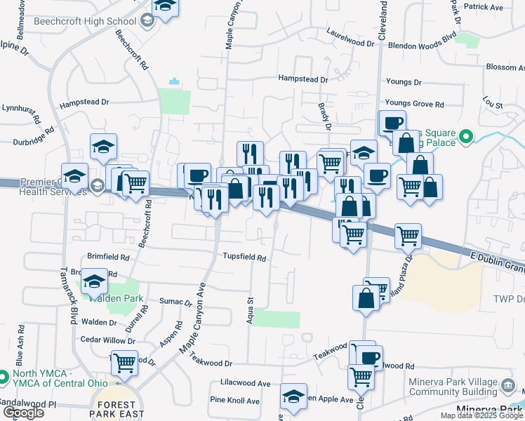 map of restaurants, bars, coffee shops, grocery stores, and more near 2225 E Dublin Granville Rd in Columbus