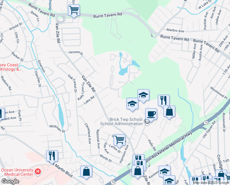 map of restaurants, bars, coffee shops, grocery stores, and more near 296 Central Boulevard East in Brick