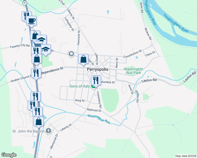 map of restaurants, bars, coffee shops, grocery stores, and more near 206 Liberty Street in Masontown