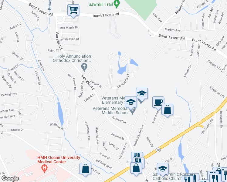 map of restaurants, bars, coffee shops, grocery stores, and more near 22 Northrup Drive in Brick Township