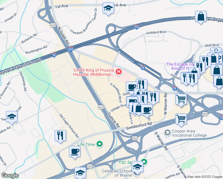 map of restaurants, bars, coffee shops, grocery stores, and more near 580 South Goddard Boulevard in King of Prussia