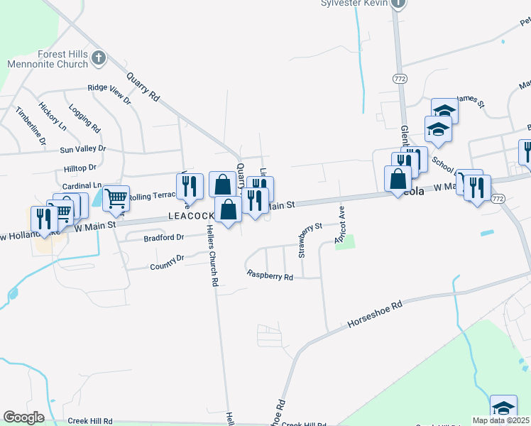 map of restaurants, bars, coffee shops, grocery stores, and more near 3 Quarry Road in Leacock-Leola-Bareville