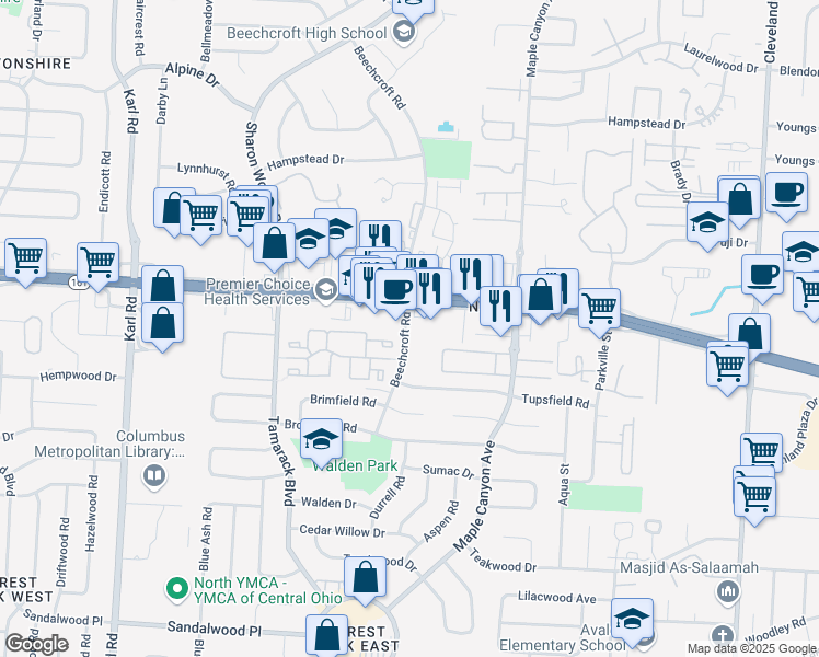 map of restaurants, bars, coffee shops, grocery stores, and more near 1973 East Dublin Granville Road in Columbus