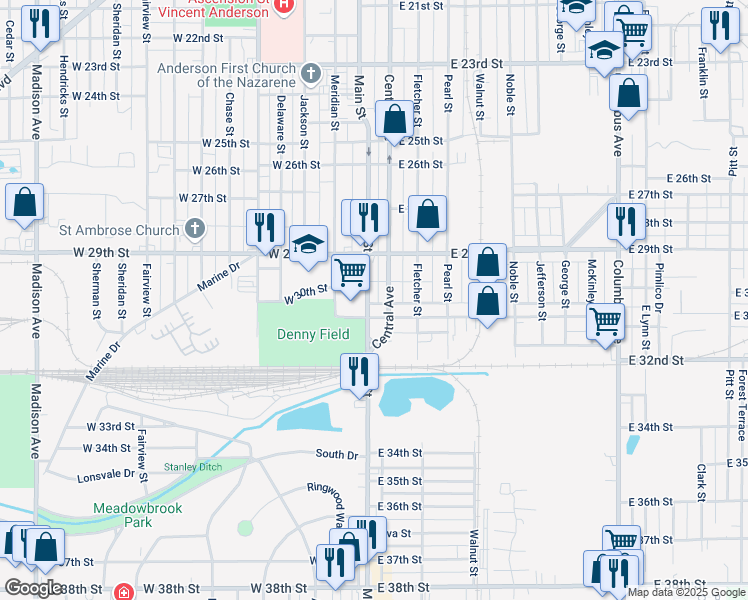 map of restaurants, bars, coffee shops, grocery stores, and more near 3011 Central Avenue in Anderson