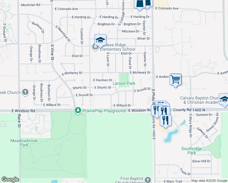 map of restaurants, bars, coffee shops, grocery stores, and more near 2316 South Cottage Grove Avenue in Urbana