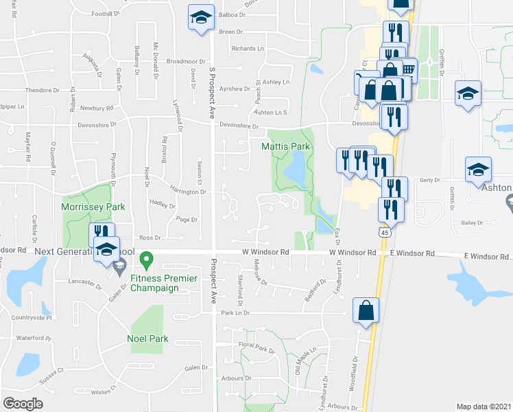 map of restaurants, bars, coffee shops, grocery stores, and more near 2121 Melrose Drive in Champaign