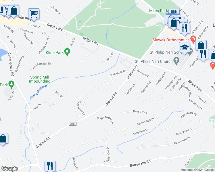 map of restaurants, bars, coffee shops, grocery stores, and more near 10 Honey Locust Court in Lafayette Hill
