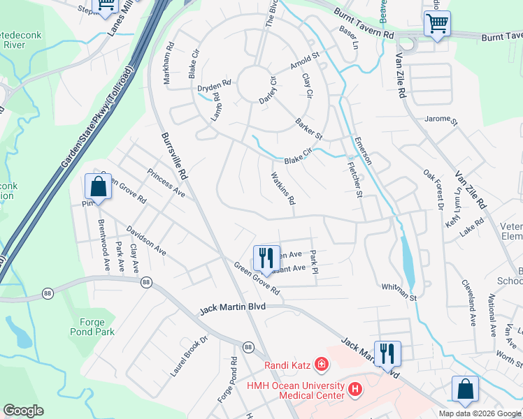 map of restaurants, bars, coffee shops, grocery stores, and more near 91 Central Boulevard in Brick Township