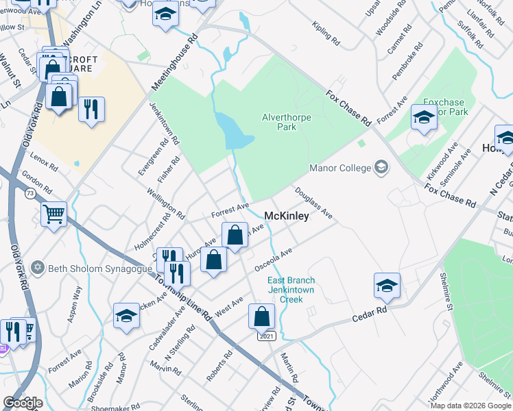 map of restaurants, bars, coffee shops, grocery stores, and more near 349 Forrest Avenue in Elkins Park