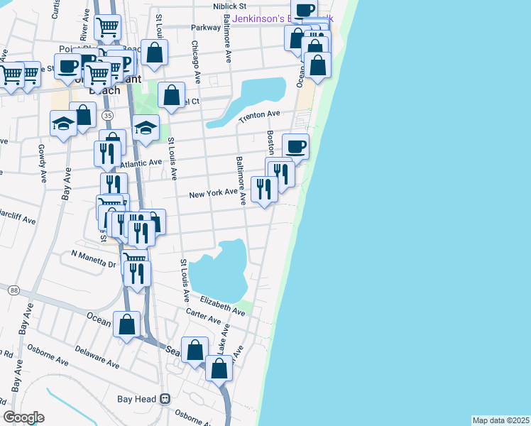 map of restaurants, bars, coffee shops, grocery stores, and more near 1205 Ocean Avenue in Point Pleasant Beach