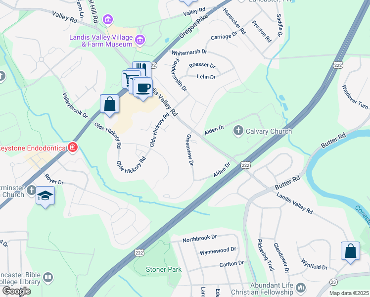 map of restaurants, bars, coffee shops, grocery stores, and more near 121 Greenview Dr in Lancaster