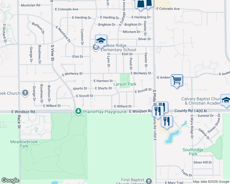 map of restaurants, bars, coffee shops, grocery stores, and more near 2316 South Cottage Grove Avenue in Urbana