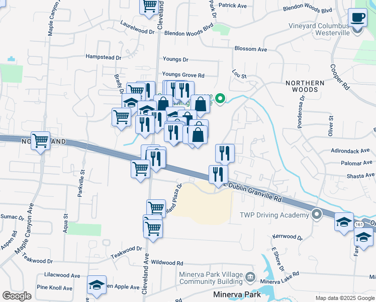map of restaurants, bars, coffee shops, grocery stores, and more near 5656 Emporium Square in Columbus