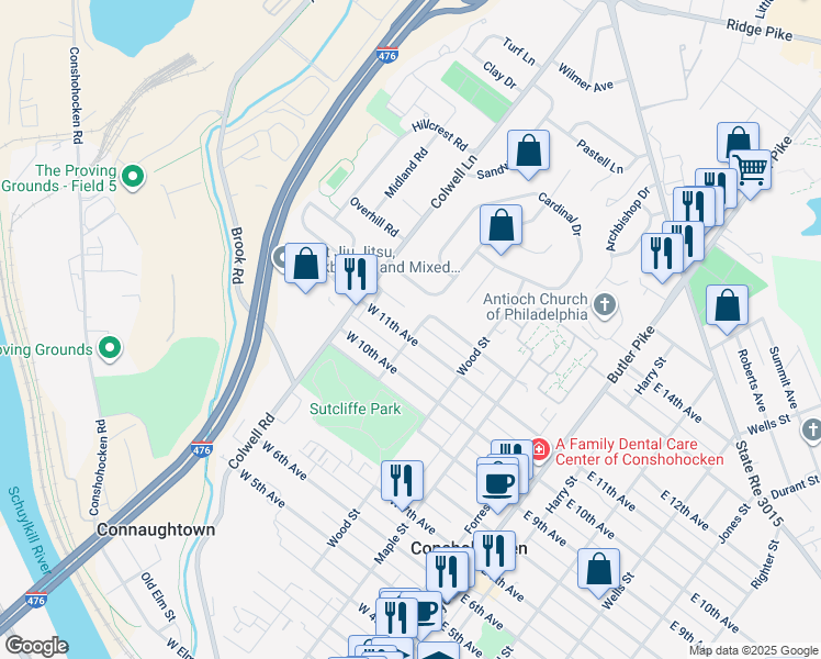 map of restaurants, bars, coffee shops, grocery stores, and more near 1100 Freedly Street in Conshohocken