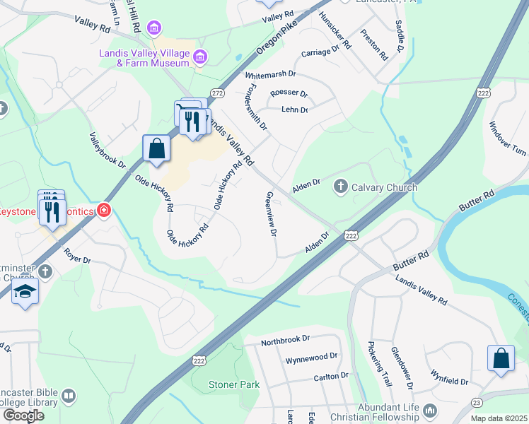 map of restaurants, bars, coffee shops, grocery stores, and more near 121 Greenview Drive in Lancaster