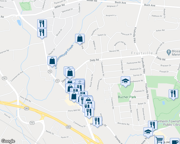 map of restaurants, bars, coffee shops, grocery stores, and more near 704 Royal View Drive in Lancaster