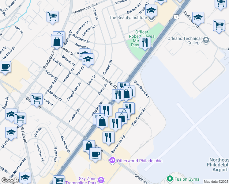 map of restaurants, bars, coffee shops, grocery stores, and more near 9720 Roosevelt Boulevard in Philadelphia