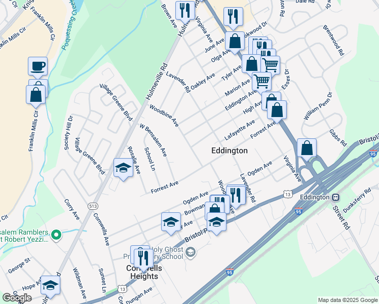 map of restaurants, bars, coffee shops, grocery stores, and more near 1360 Woodbine Avenue in Eddington