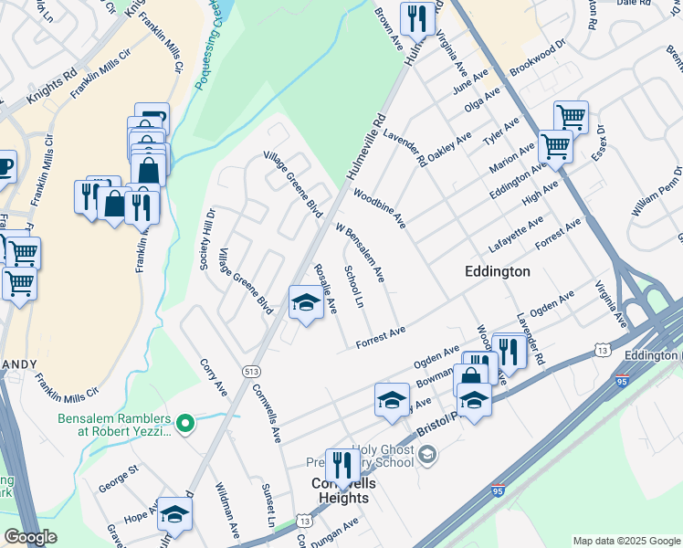 map of restaurants, bars, coffee shops, grocery stores, and more near 1456 School Lane in Bensalem