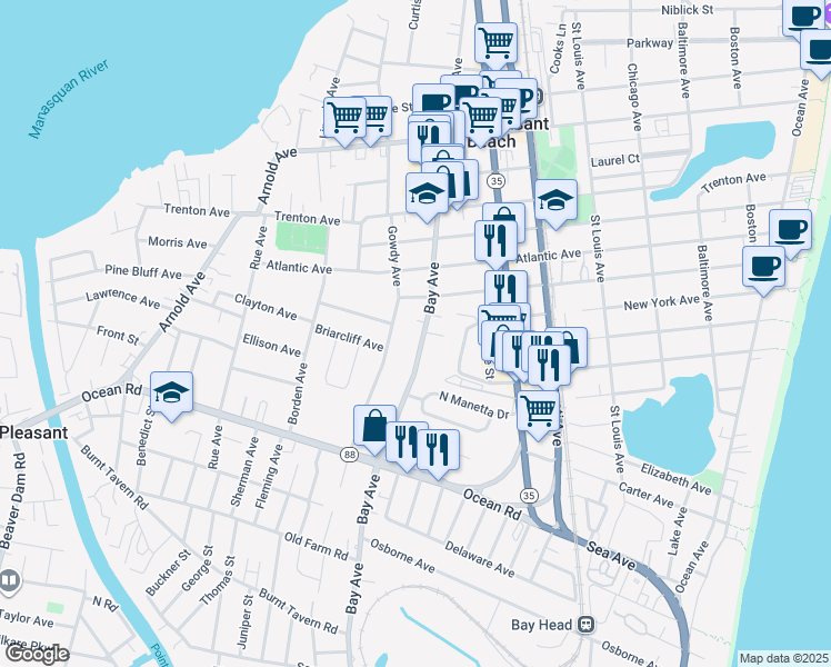 map of restaurants, bars, coffee shops, grocery stores, and more near 920 Bay Avenue in Point Pleasant Beach