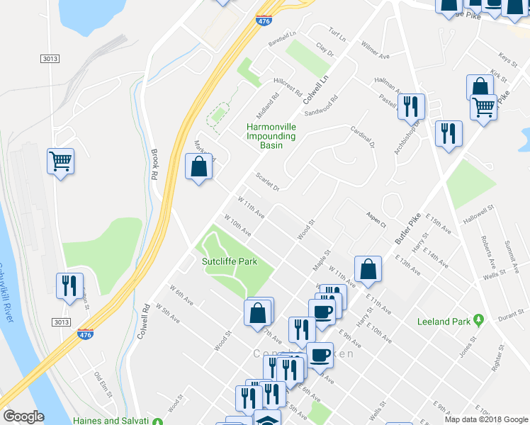 map of restaurants, bars, coffee shops, grocery stores, and more near 1100 Freedly Street in Conshohocken