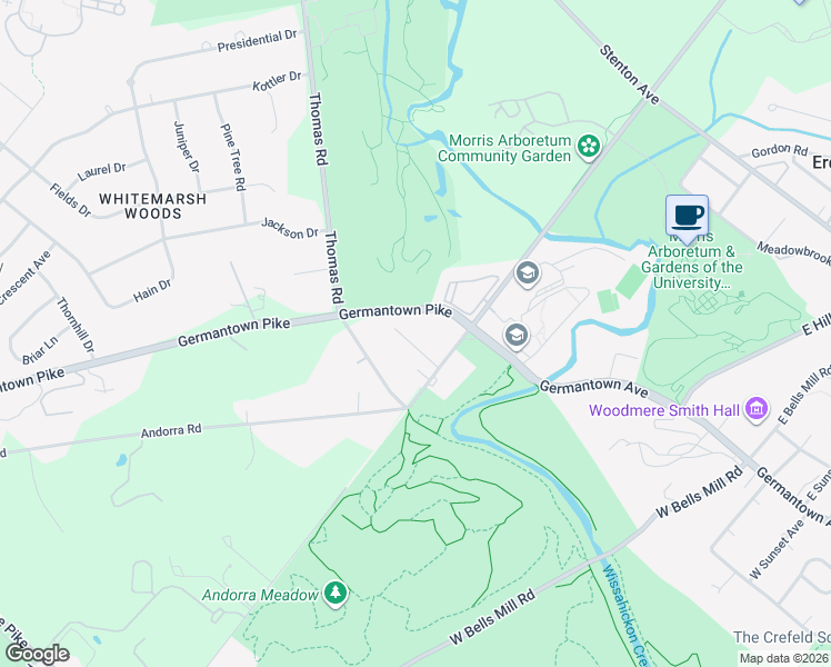 map of restaurants, bars, coffee shops, grocery stores, and more near 7 Oak Road in Philadelphia