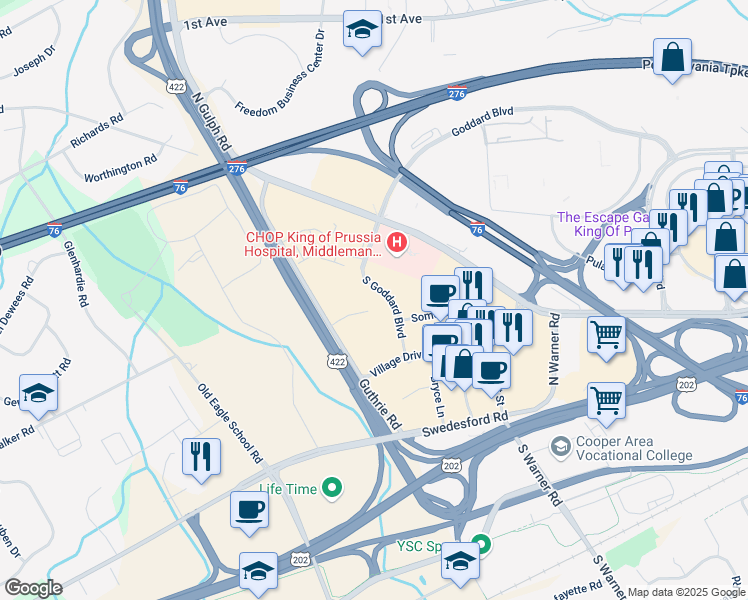 map of restaurants, bars, coffee shops, grocery stores, and more near 575 South Goddard Boulevard in King of Prussia