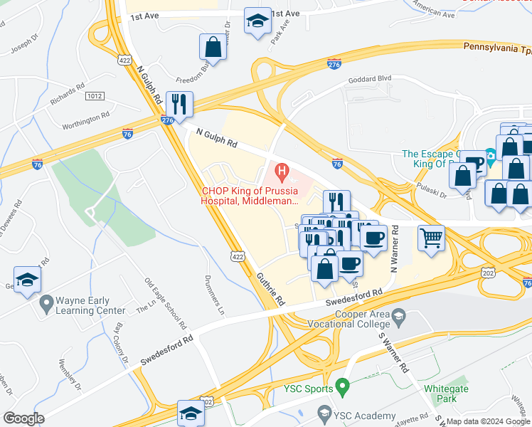 map of restaurants, bars, coffee shops, grocery stores, and more near 575 South Goddard Boulevard in King of Prussia