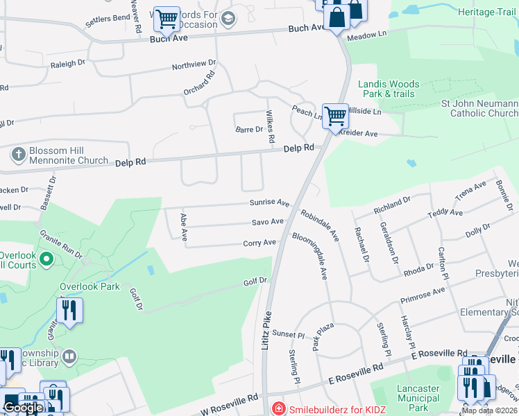 map of restaurants, bars, coffee shops, grocery stores, and more near 54 Sunrise Avenue in Lancaster