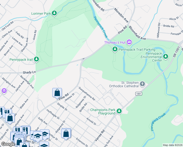 map of restaurants, bars, coffee shops, grocery stores, and more near 505 Ridgerun Lane in Philadelphia