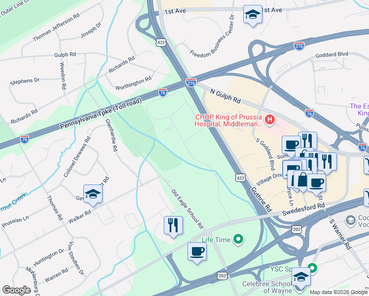map of restaurants, bars, coffee shops, grocery stores, and more near 168 Drummers Lane in Wayne