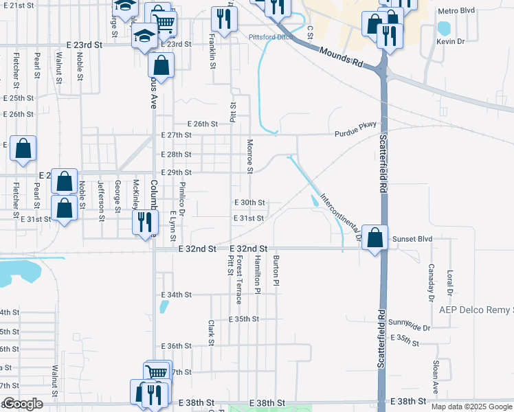 map of restaurants, bars, coffee shops, grocery stores, and more near 1505 East 30th Street in Anderson
