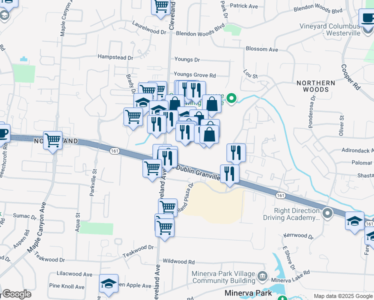 map of restaurants, bars, coffee shops, grocery stores, and more near 5656 Emporium Square in Columbus
