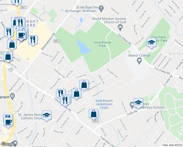 map of restaurants, bars, coffee shops, grocery stores, and more near 349 Forrest Avenue in Elkins Park