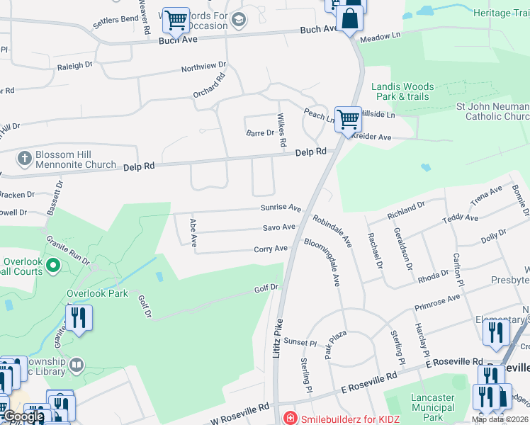 map of restaurants, bars, coffee shops, grocery stores, and more near 54 Sunrise Avenue in Lancaster