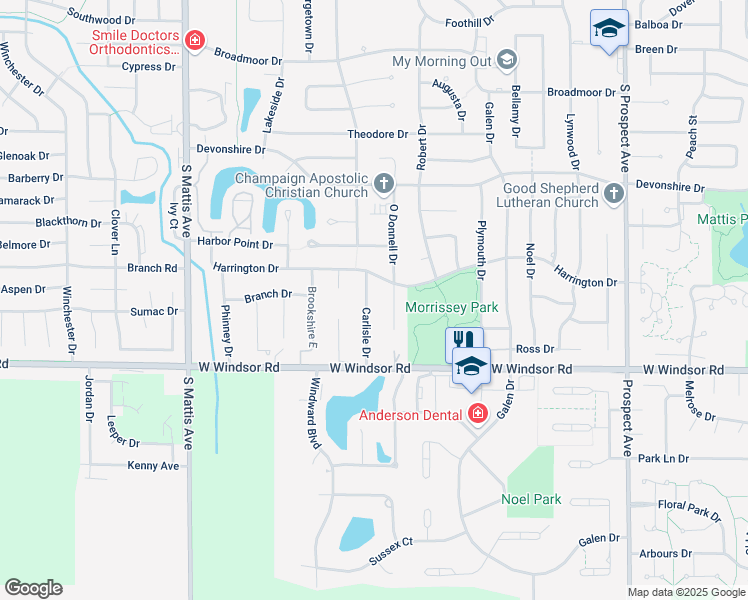 map of restaurants, bars, coffee shops, grocery stores, and more near 2207 Carlisle Drive in Champaign