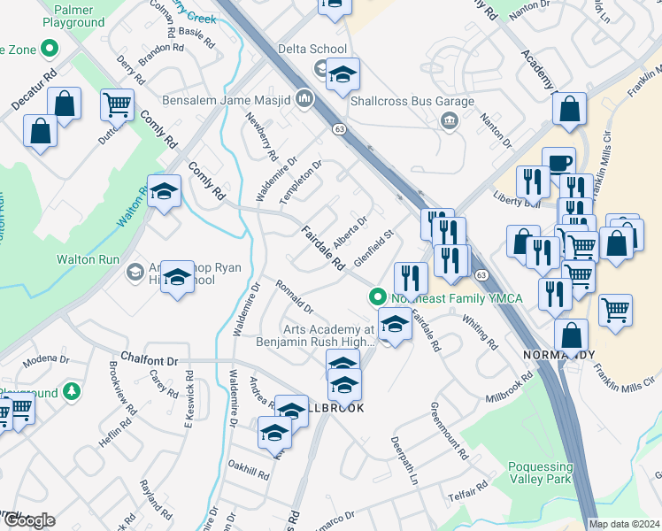 map of restaurants, bars, coffee shops, grocery stores, and more near 3872 Fairdale Road in Philadelphia
