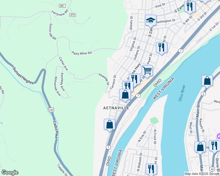 map of restaurants, bars, coffee shops, grocery stores, and more near 1331 Terrace Street in Martins Ferry