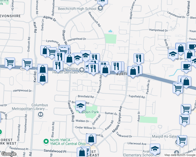 map of restaurants, bars, coffee shops, grocery stores, and more near 1973 East Dublin Granville Road in Columbus