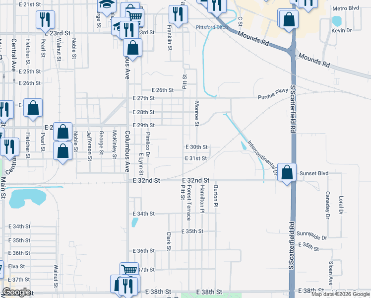 map of restaurants, bars, coffee shops, grocery stores, and more near 3006 Pitt Street in Anderson