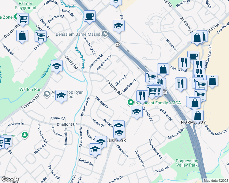 map of restaurants, bars, coffee shops, grocery stores, and more near 3872 Fairdale Road in Philadelphia