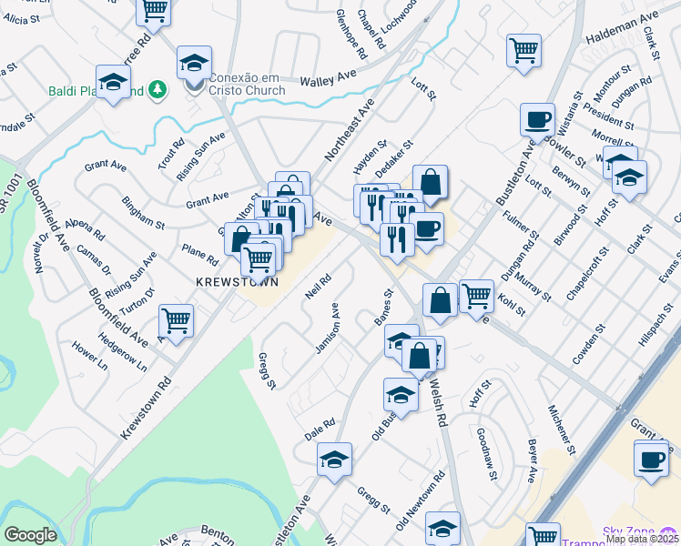 map of restaurants, bars, coffee shops, grocery stores, and more near 9367 Neil Road in Philadelphia