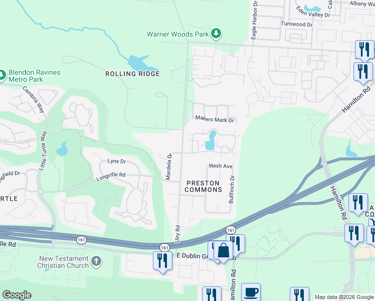 map of restaurants, bars, coffee shops, grocery stores, and more near 5685 Willet Lane in Westerville